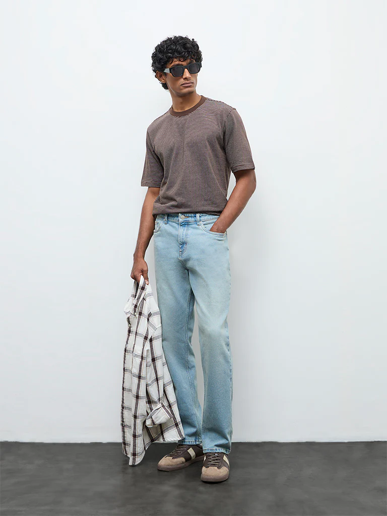 WES Casuals Dark Brown Striped Relaxed Fit Cotton T-Shirt - Image 3