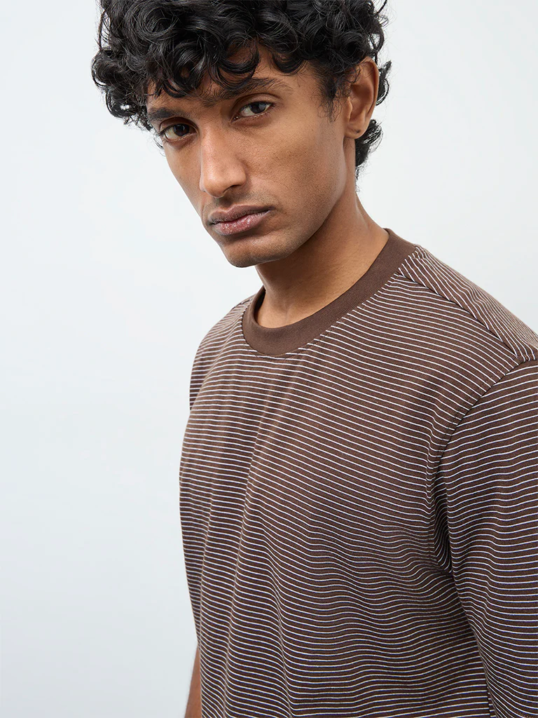 WES Casuals Dark Brown Striped Relaxed Fit Cotton T-Shirt - Image 4