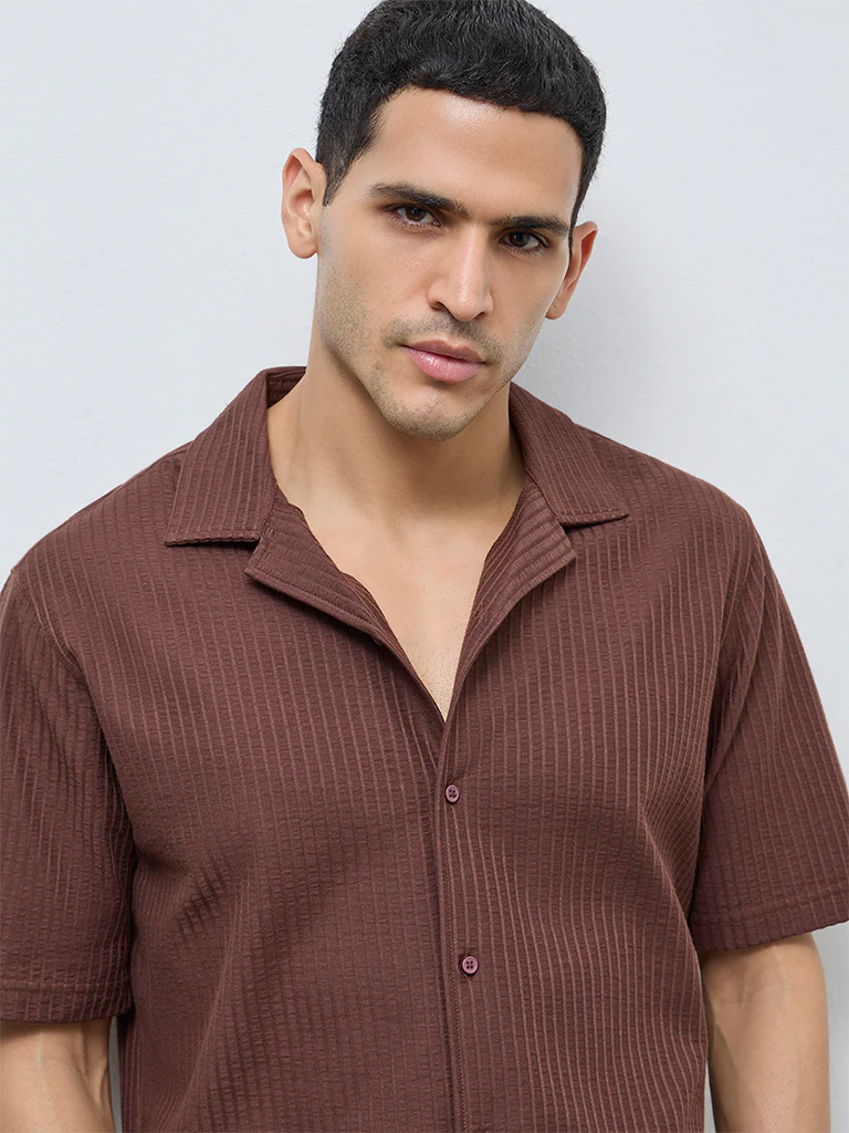 WES Casuals Dark Brown Striped Relaxed-Fit Shirt - Image 4