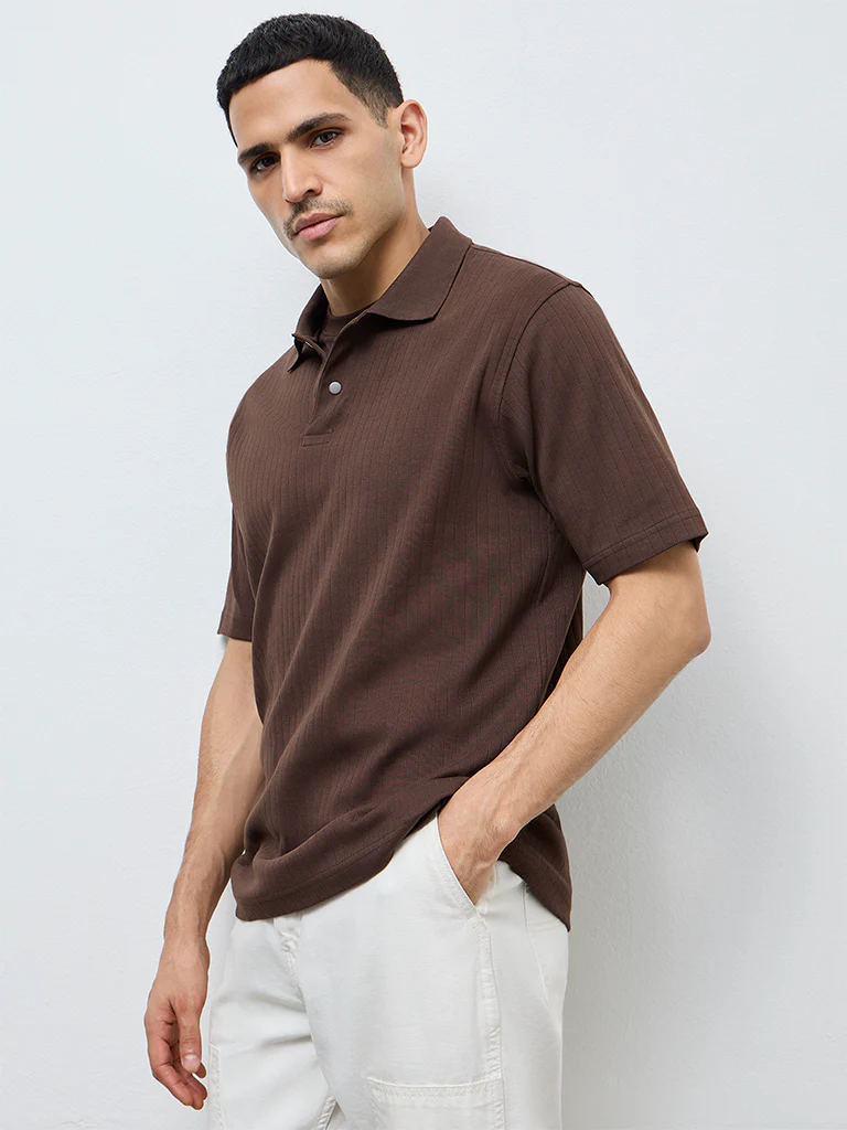 WES Casuals Dark Brown Textured Slim-Fit T-Shirt