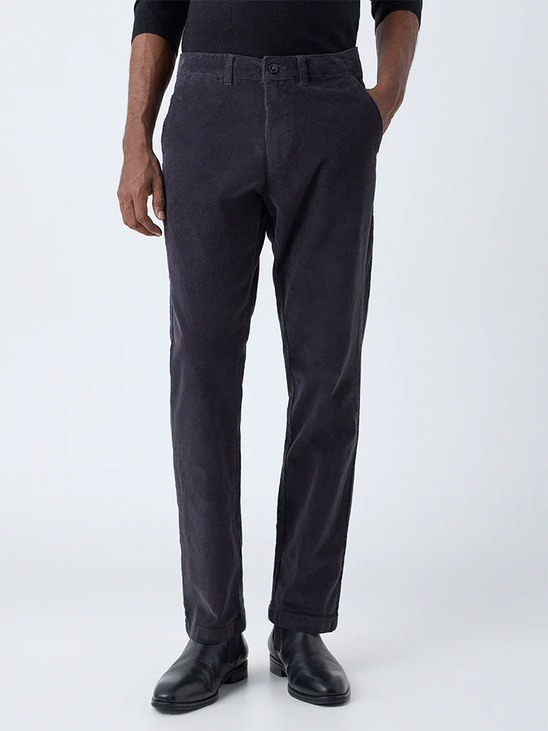 WES Casuals Dark Grey Relaxed-Fit Mid-Rise Corduroy Chinos - Image 2