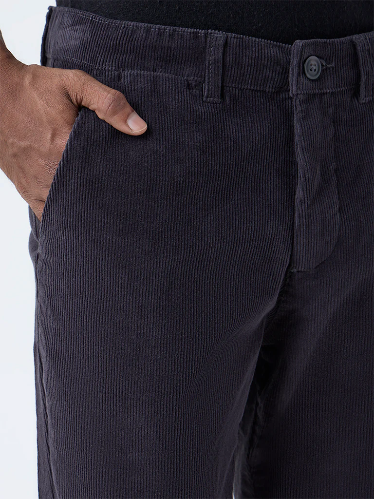 WES Casuals Dark Grey Relaxed-Fit Mid-Rise Corduroy Chinos - Image 3