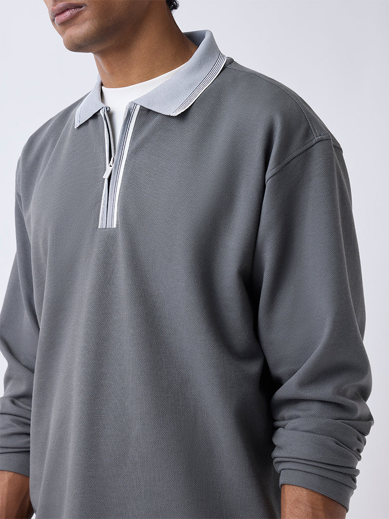 WES Casuals Dark Grey Relaxed-Fit Quarter-Zip Cotton-Blend Sweatshirt - Image 4