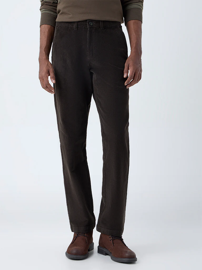 WES Casuals Dark Olive Relaxed Fit Mid-Rise Corduroy Chinos - Image 3