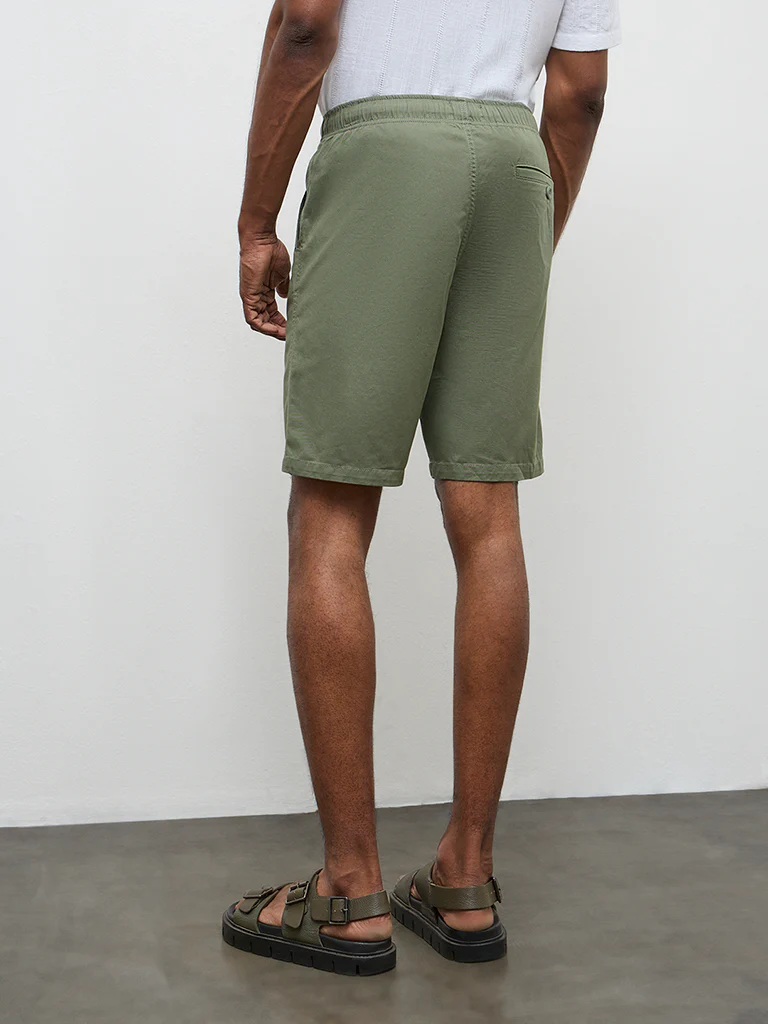 WES Casuals Dark Olive Relaxed-Fit Mid-Rise Cotton-Blend Shorts - Image 5
