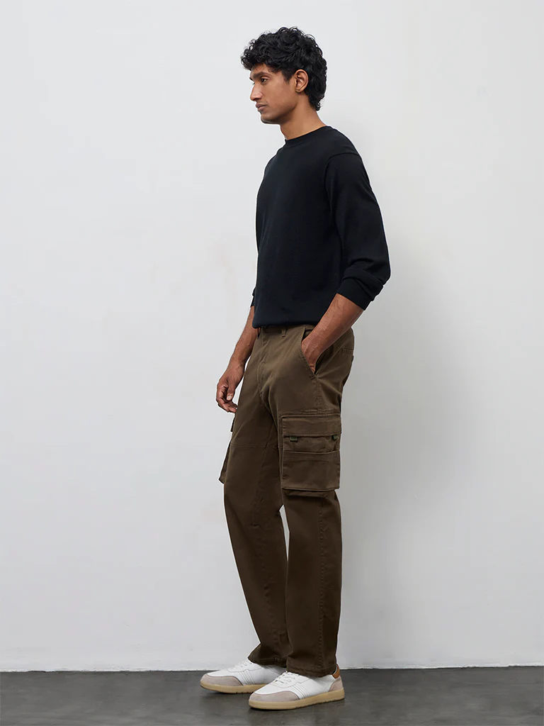 WES Casuals Dark Olive Relaxed-Fit Mid-Rise Cotton Cargo Pants