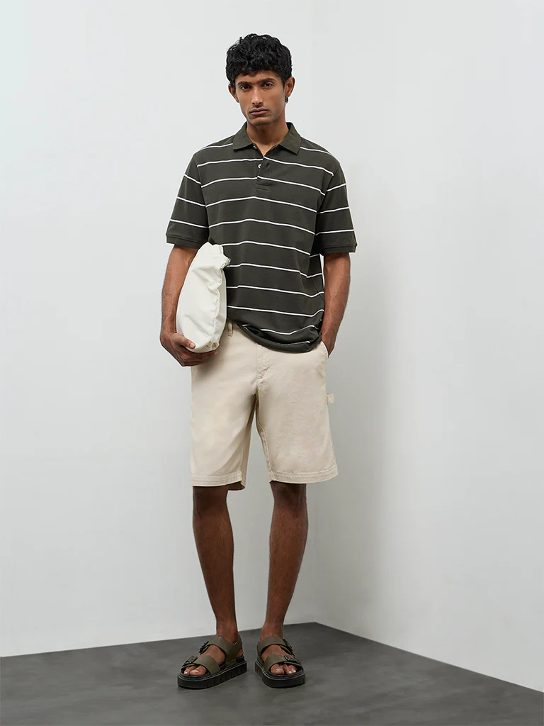 WES Casuals Dark Olive Striped Relaxed-Fit Cotton Polo T-Shirt - Image 3