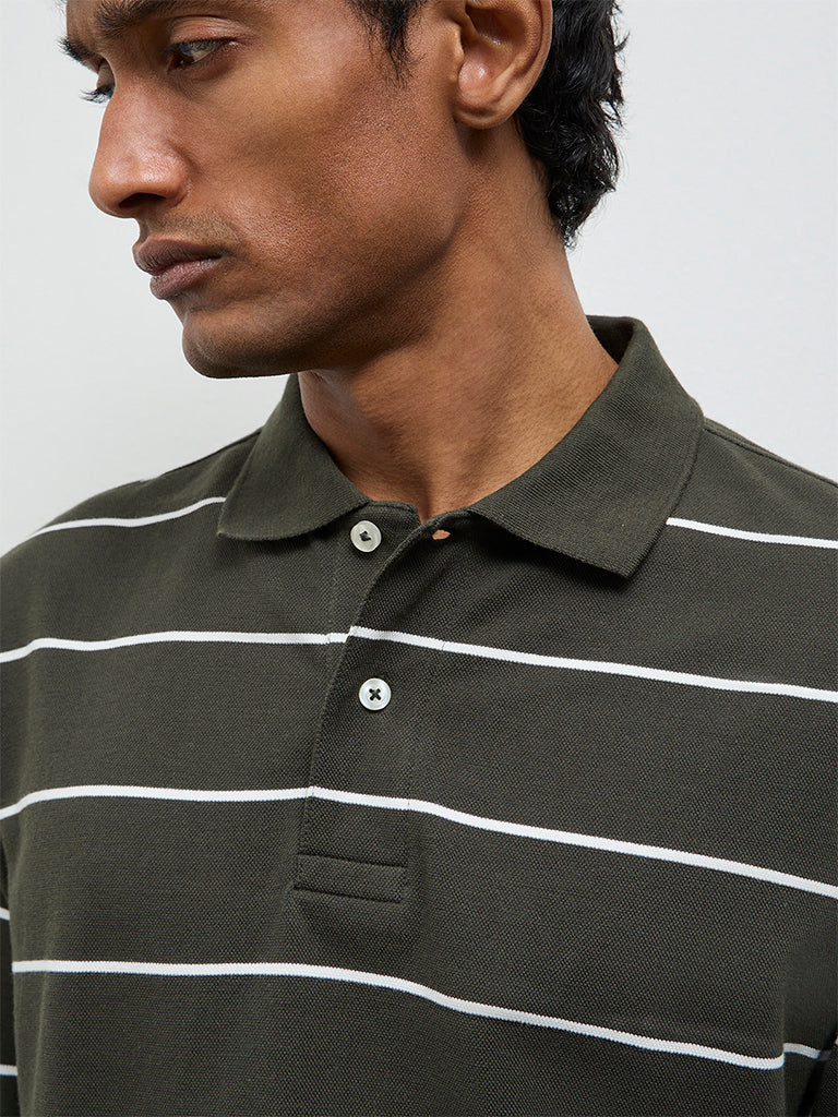 WES Casuals Dark Olive Striped Relaxed-Fit Cotton Polo T-Shirt - Image 4