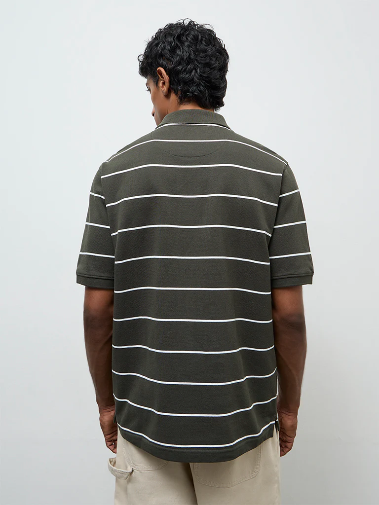 WES Casuals Dark Olive Striped Relaxed-Fit Cotton Polo T-Shirt - Image 5