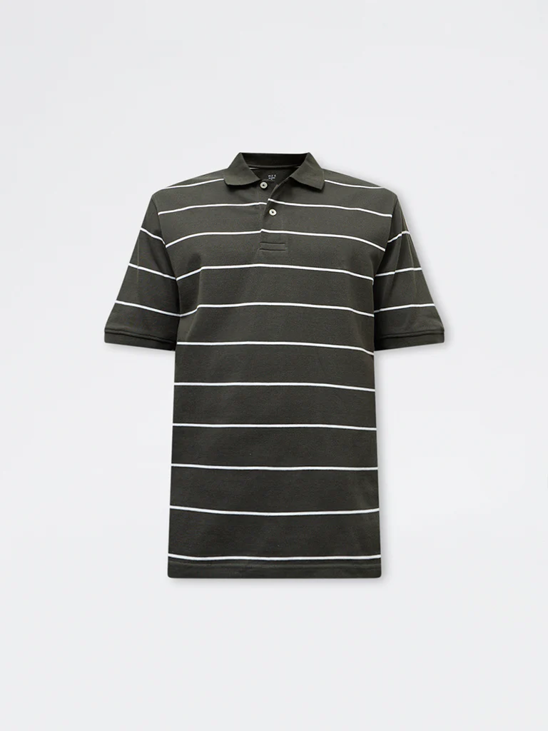 WES Casuals Dark Olive Striped Relaxed-Fit Cotton Polo T-Shirt - Image 6