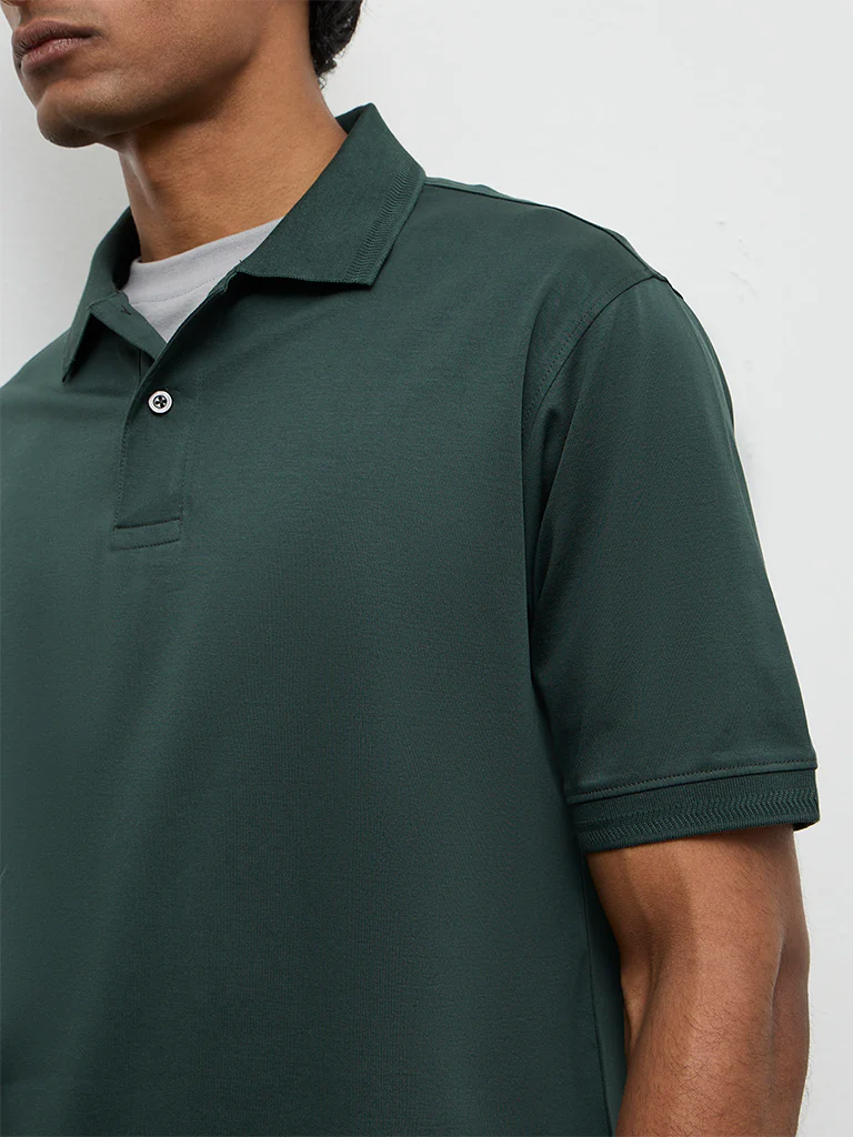 WES Casuals Dark Sage Relaxed-Fit Cotton Polo T-Shirt - Image 4