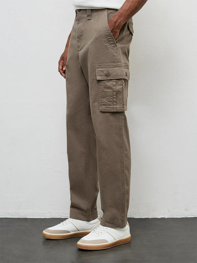 WES Casuals Dark Taupe Relaxed-Fit Mid-Rise Cotton Cargo Pants - Image 3