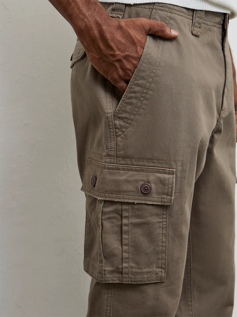 WES Casuals Dark Taupe Relaxed-Fit Mid-Rise Cotton Cargo Pants - Image 4