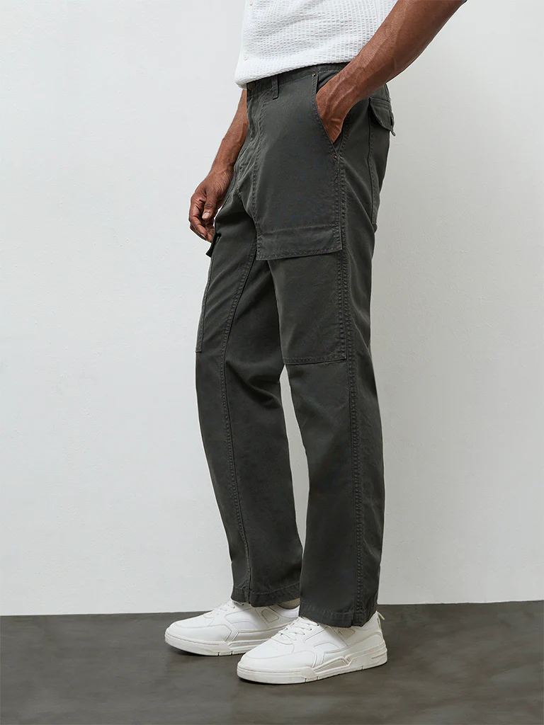 WES Casuals Dark Teal Relaxed Fit Mid-Rise Cotton-Blend Pants - Image 2