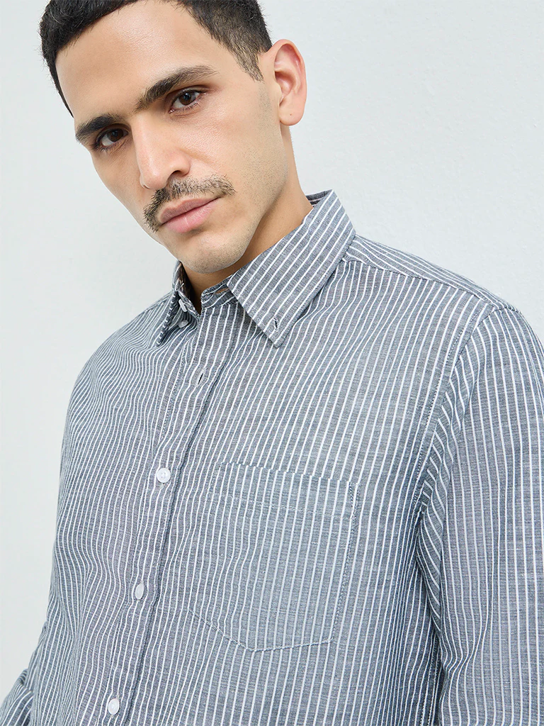 WES Casuals Dark Teal Striped Relaxed-Fit Cotton-Blend Shirt - Image 3
