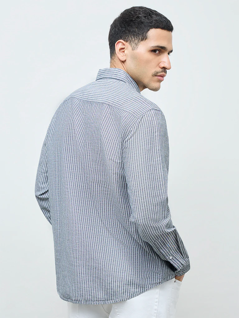 WES Casuals Dark Teal Striped Relaxed-Fit Cotton-Blend Shirt - Image 4
