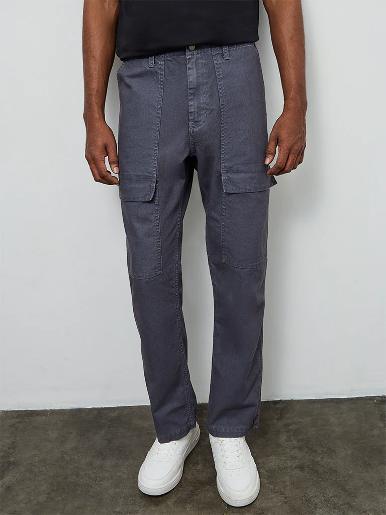 WES Casuals Dusty Blue Relaxed-Fit Mid-Rise Cotton-Blend Cargo Pants