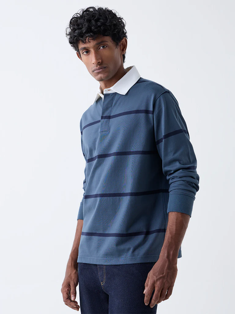 WES Casuals Dusty Blue Striped Relaxed Fit Cotton-Blend Polo T-Shirt - Image 3