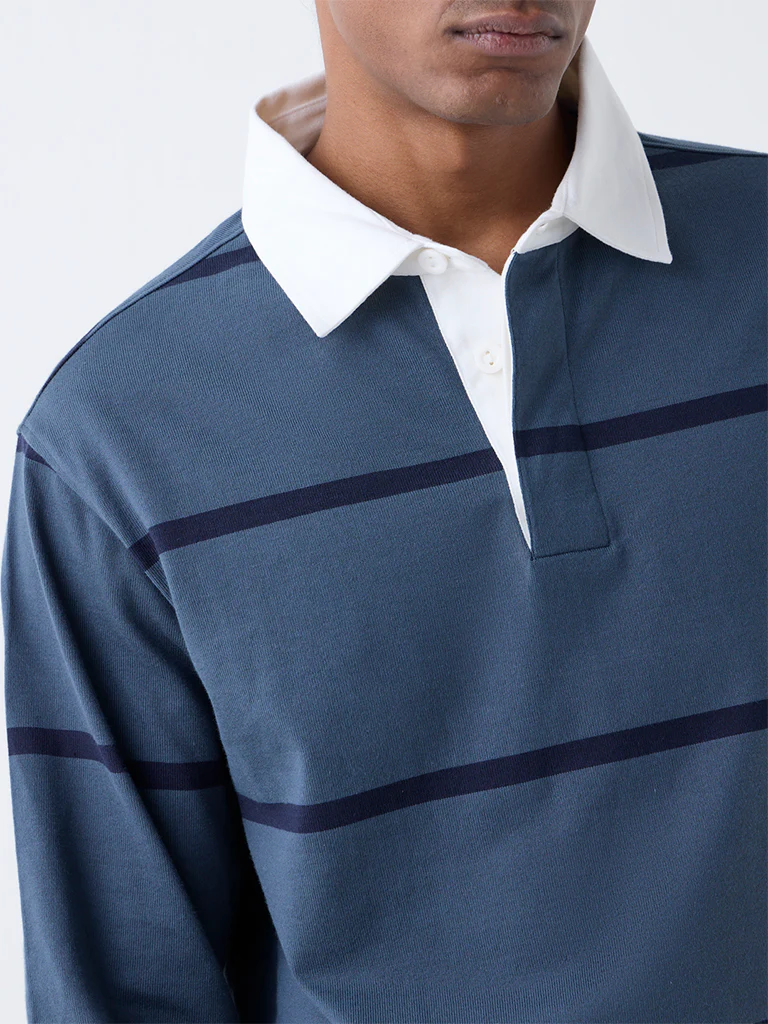 WES Casuals Dusty Blue Striped Relaxed Fit Cotton-Blend Polo T-Shirt - Image 4