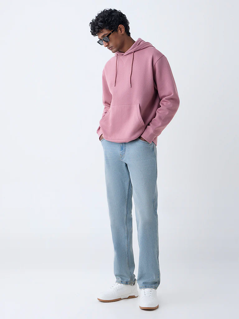 WES Casuals Dusty Pink Solid Relaxed-Fit Cotton-Blend Hoodie - Image 3