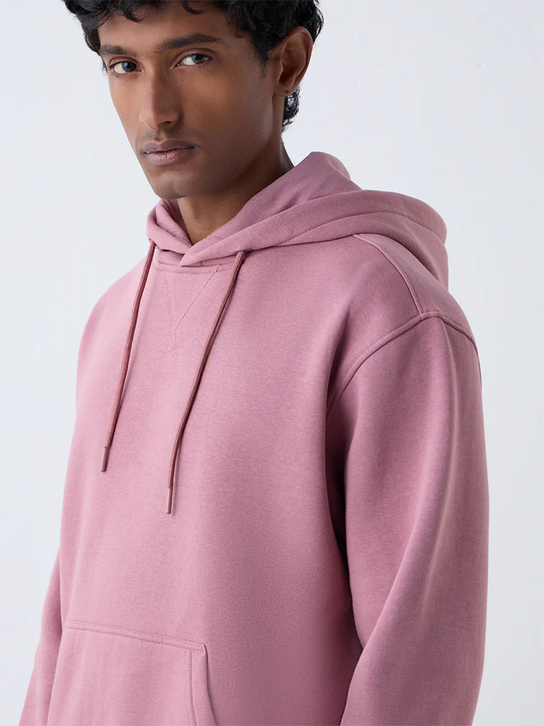 WES Casuals Dusty Pink Solid Relaxed-Fit Cotton-Blend Hoodie - Image 4