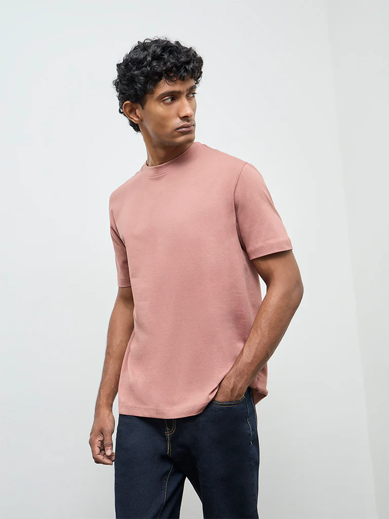 WES Casuals Dusty Pink Solid Relaxed-Fit Cotton T-Shirt