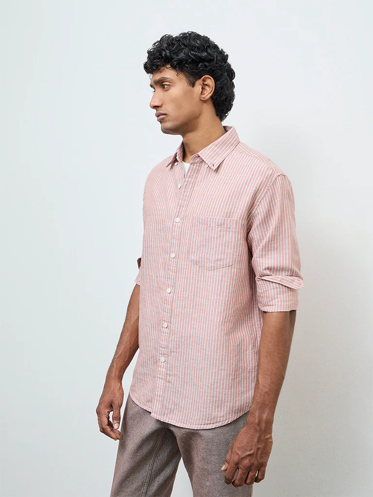 WES Casuals Dusty Pink Striped Relaxed Fit Cotton-Blend Shirt