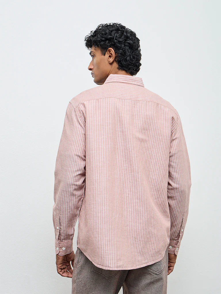 WES Casuals Dusty Pink Striped Relaxed Fit Cotton-Blend Shirt - Image 4