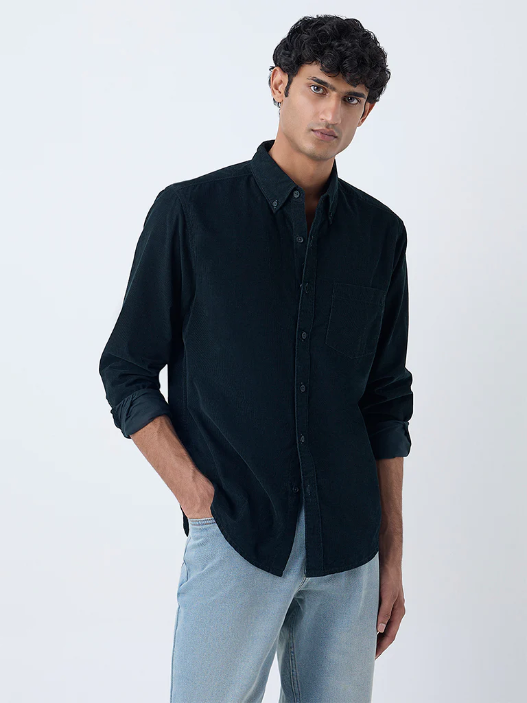WES Casuals Green Corduroy-Textured Relaxed-Fit Shirt