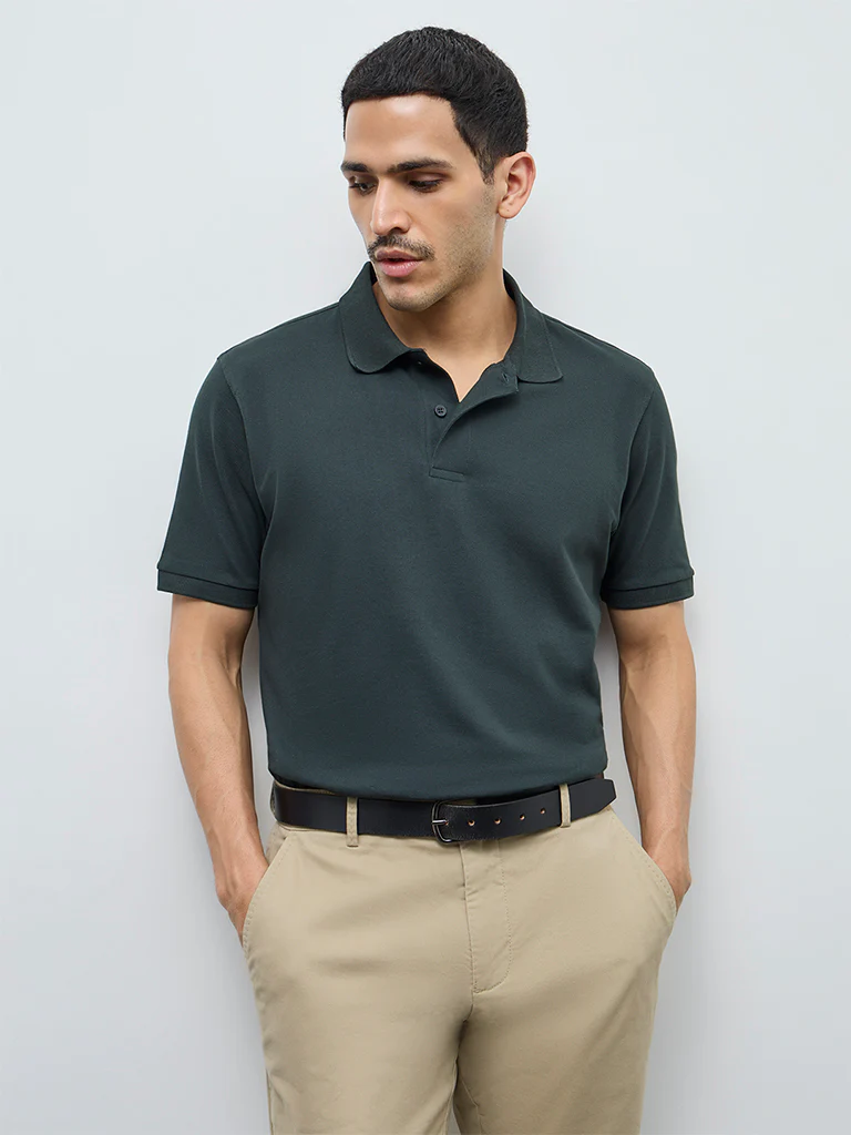 WES Casuals Green Relaxed-Fit Cotton-Blend Polo T-Shirt