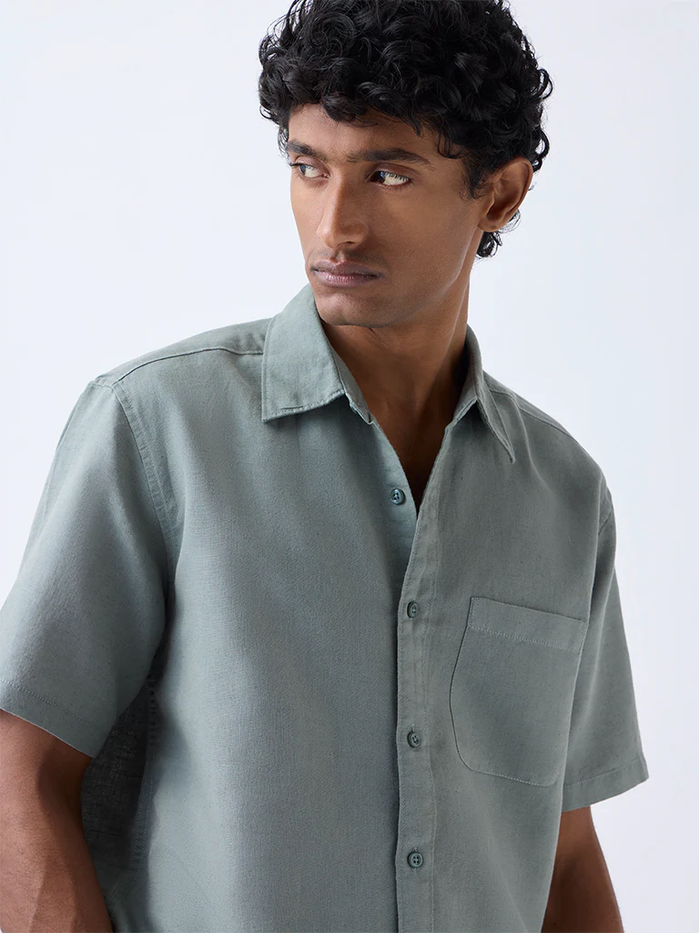 WES Casuals Green Relaxed-Fit Linen-Blend Shirt - Image 3