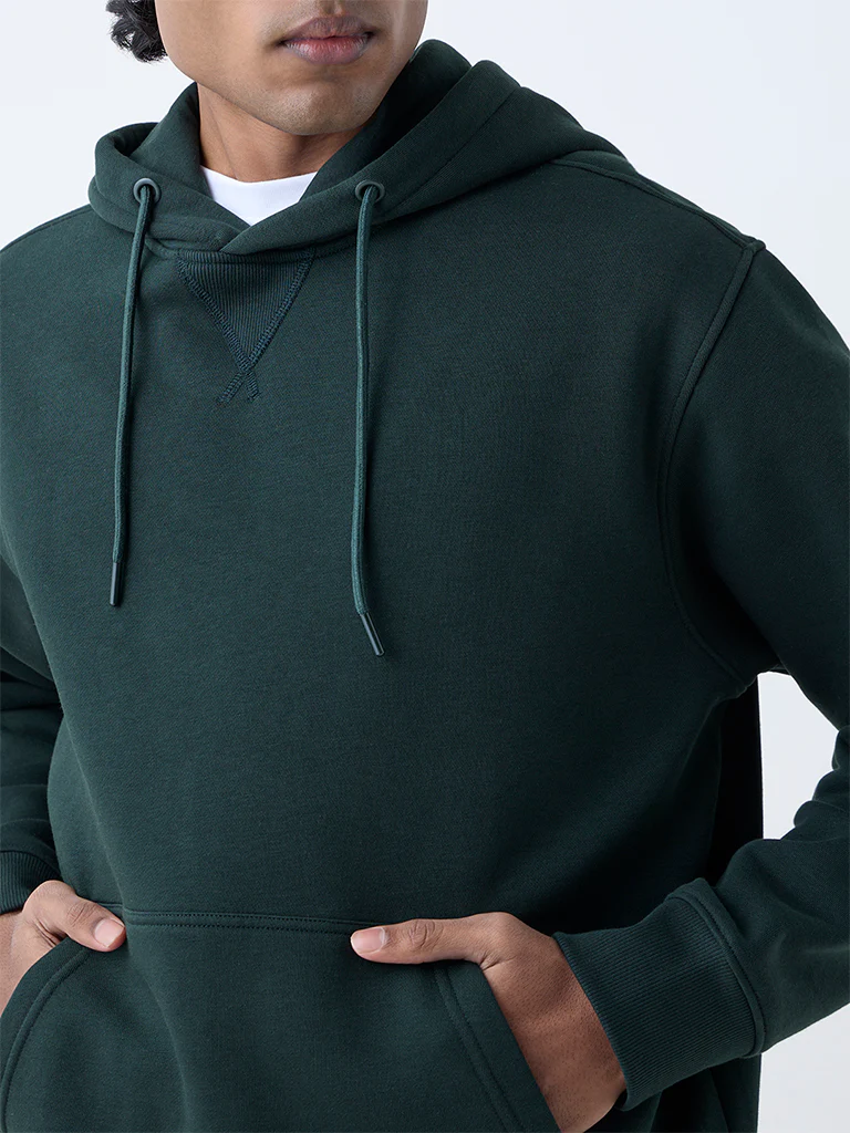 WES Casuals Green Solid Relaxed-Fit Cotton-Blend Hoodie - Image 4