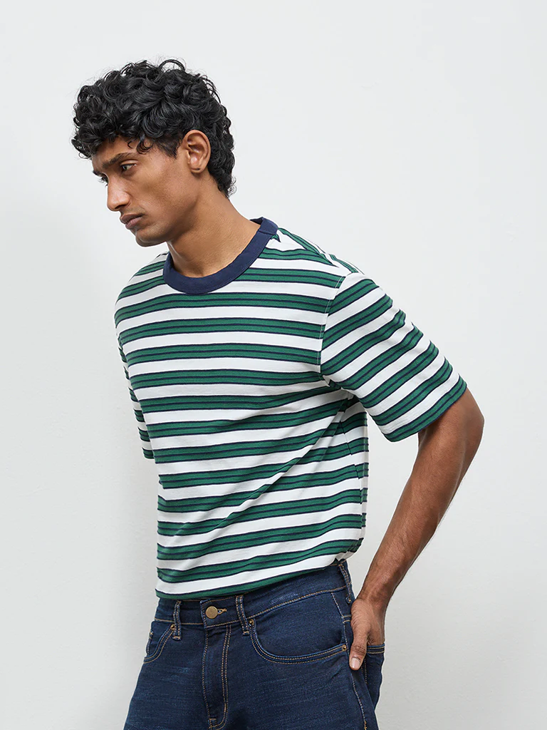 WES Casuals Green Stripe Relaxed-Fit Cotton T-Shirt