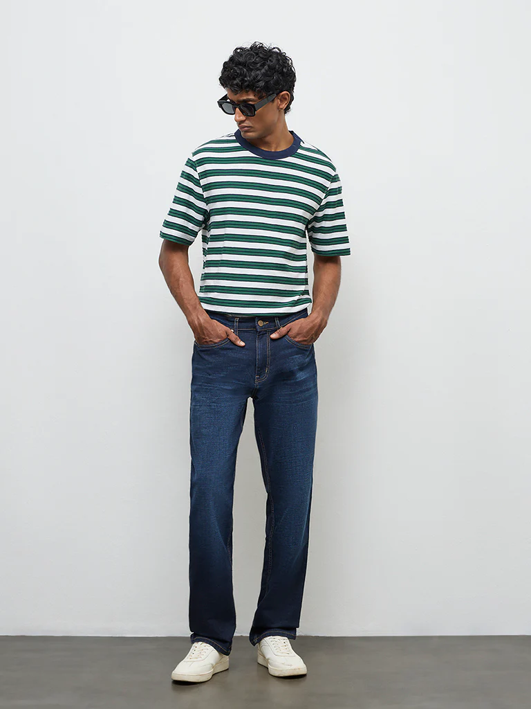 WES Casuals Green Stripe Relaxed-Fit Cotton T-Shirt - Image 3