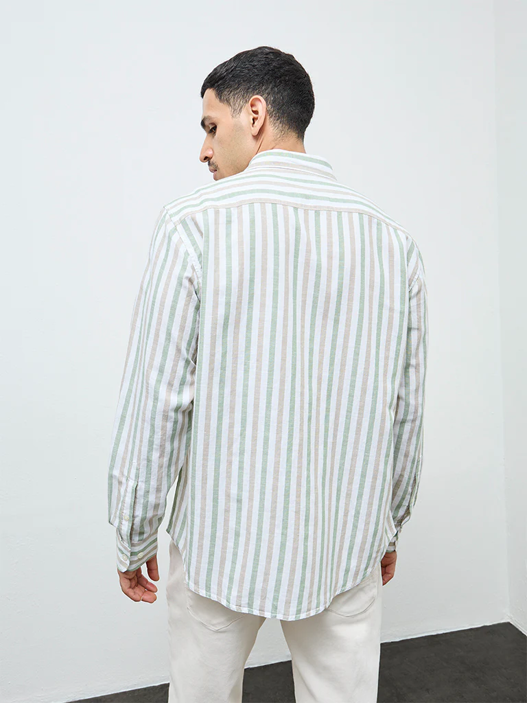 WES Casuals Green Striped Relaxed-Fit Cotton-Blend Shirt - Image 4