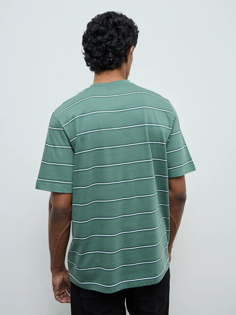 WES Casuals Green Striped Relaxed-Fit Cotton T-Shirt - Image 5