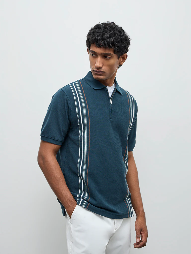 WES Casuals Green Striped Relaxed Fit Quarter-Zip Polo T-Shirt