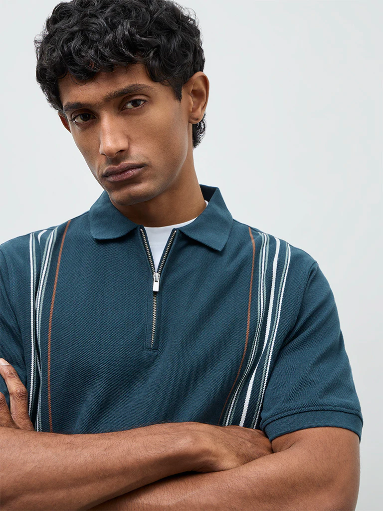 WES Casuals Green Striped Relaxed Fit Quarter-Zip Polo T-Shirt - Image 4