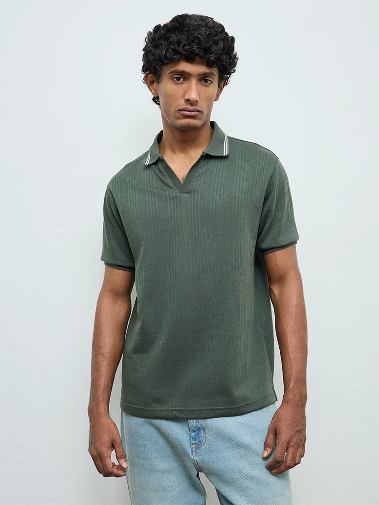 WES Casuals Green Textured Relaxed-Fit Cotton-Blend Polo T-Shirt - Image 3