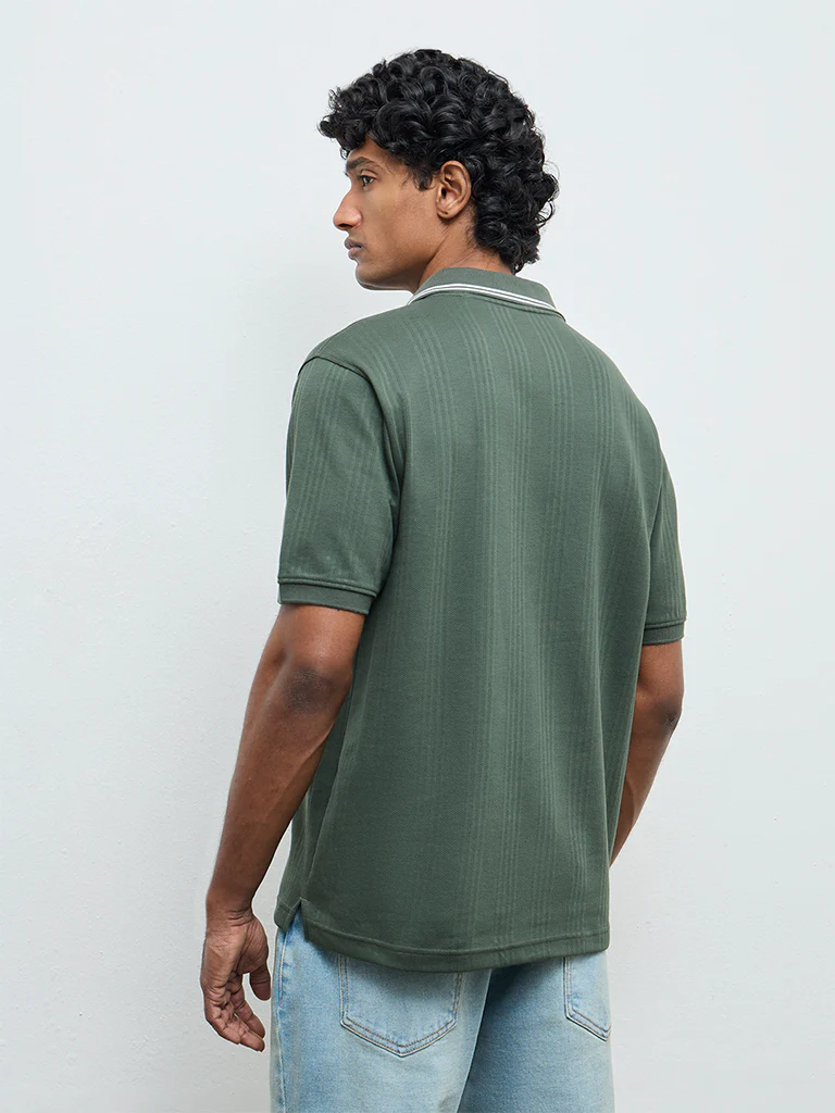 WES Casuals Green Textured Relaxed-Fit Cotton-Blend Polo T-Shirt - Image 5