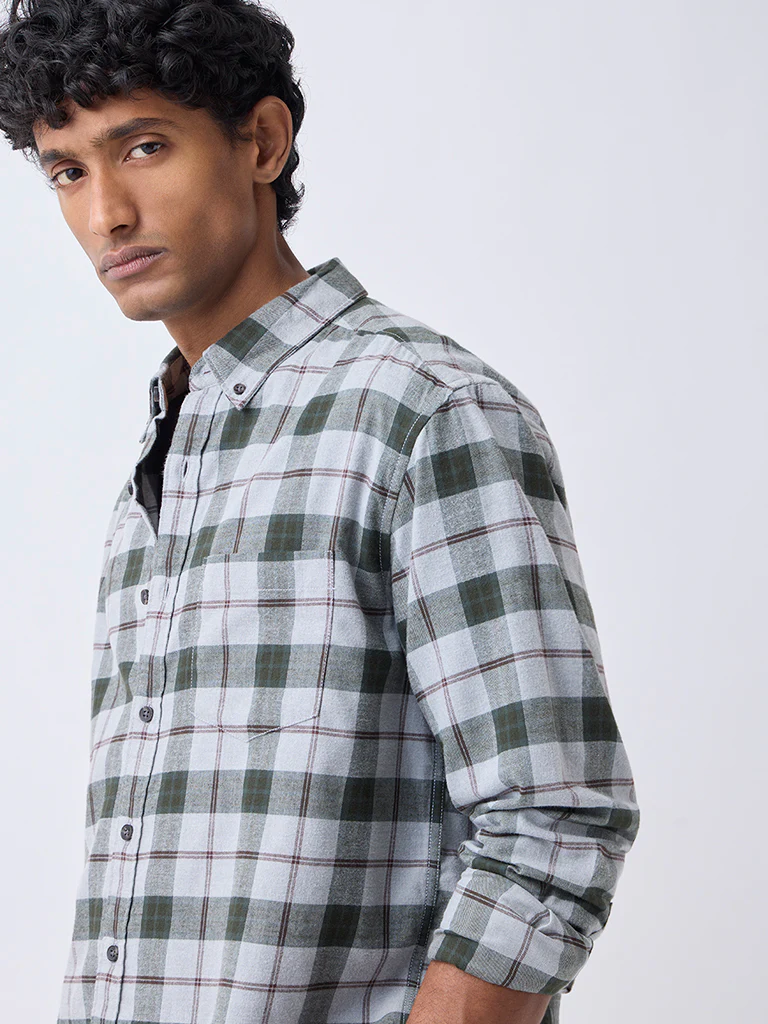 WES Casuals Grey Checks Design Relaxed-Fit Cotton-Blend Shirt - Image 3