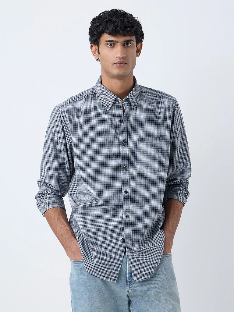 WES Casuals Grey Checks Pattern Relaxed-Fit Cotton Shirt - Image 2