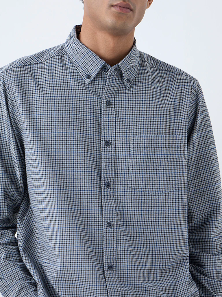 WES Casuals Grey Checks Pattern Relaxed-Fit Cotton Shirt - Image 3
