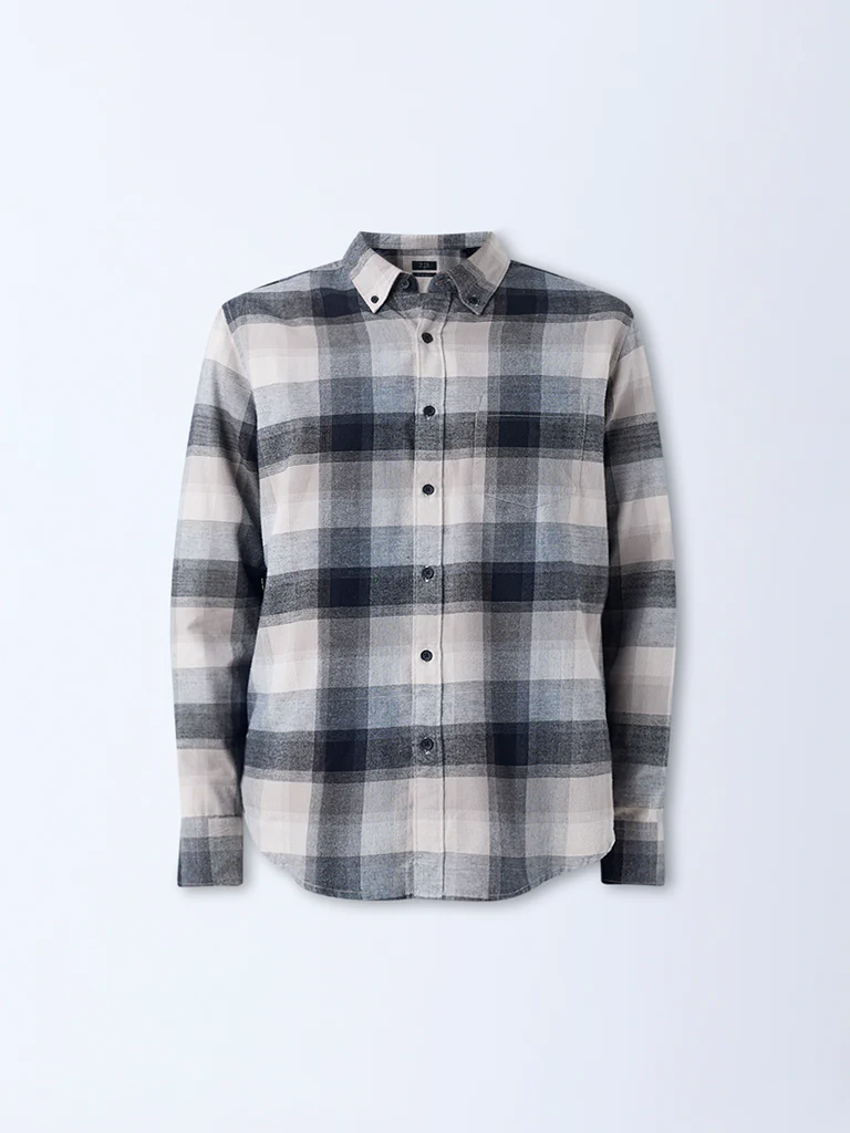 WES Casuals Grey Checks Printed Relaxed-Fit Cotton-Blend Shirt - Image 5