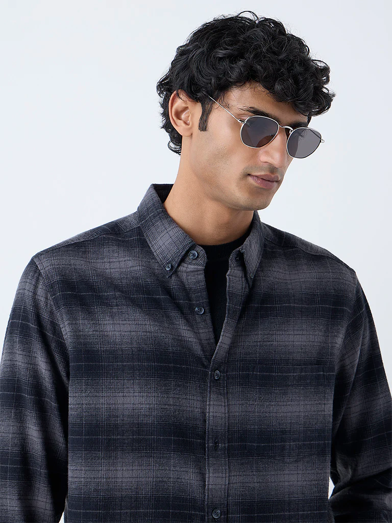 WES Casuals Grey Checks Relaxed-Fit Cotton-Blend Shirt - Image 3
