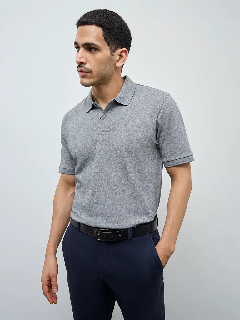 WES Casuals Grey Relaxed-Fit Cotton-Blend Polo T-Shirt