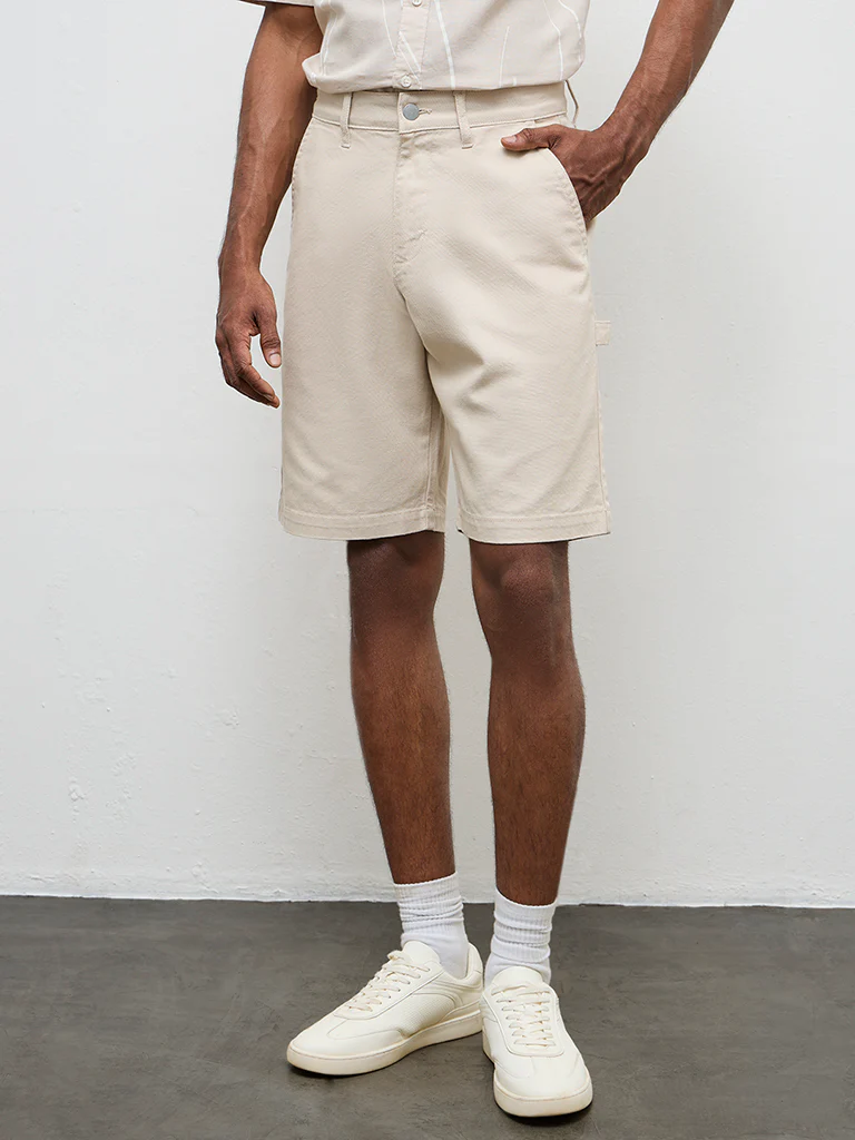 WES Casuals Light Beige Relaxed-Fit Mid-Rise Canvas Carpenter Shorts - Image 3
