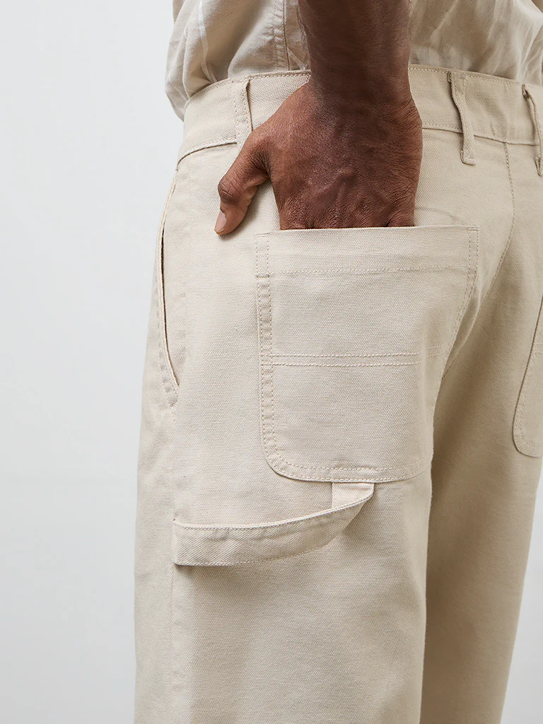 WES Casuals Light Beige Relaxed-Fit Mid-Rise Canvas Carpenter Shorts - Image 4