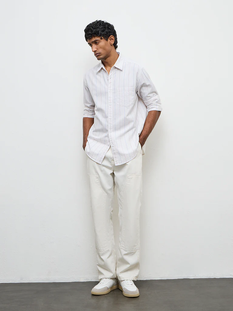WES Casuals Light Beige Striped Relaxed-Fit Cotton Shirt
