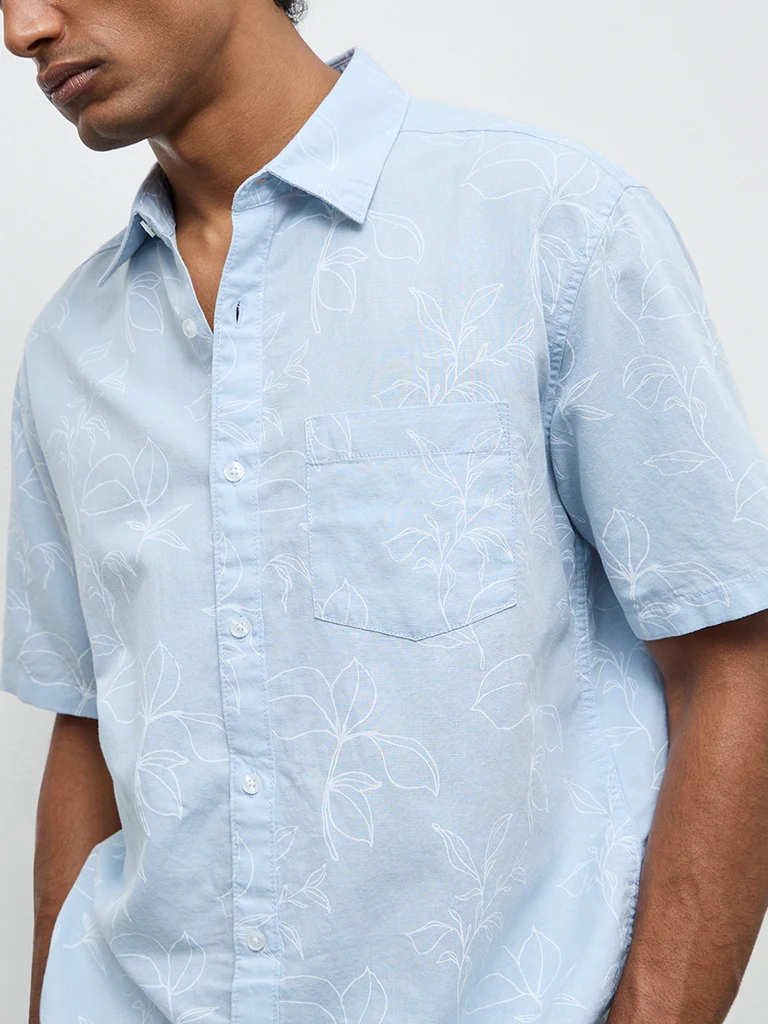 WES Casuals Light Blue Botanical Design Relaxed-Fit Cotton-Blend Shirt - Image 3